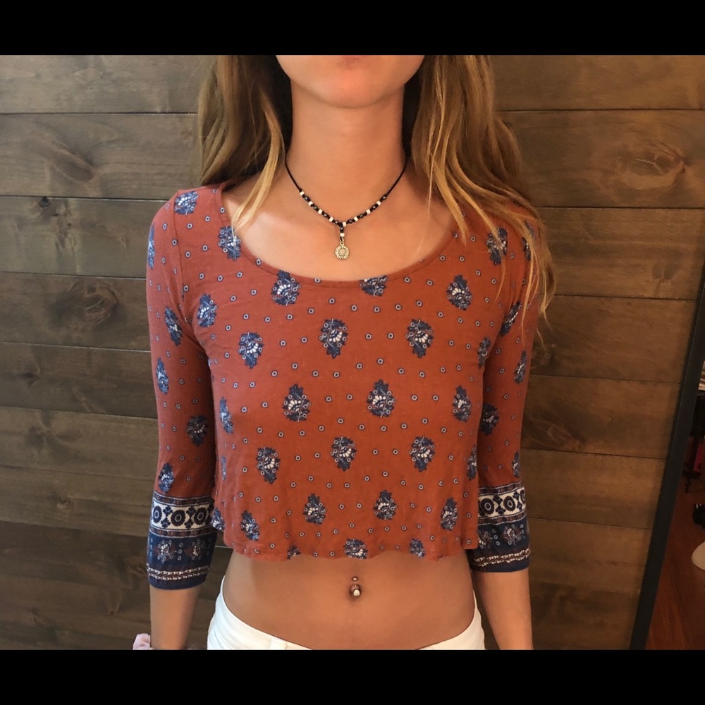 Boho burnt orange/blue patterned crop top - Picture 2 of 2
